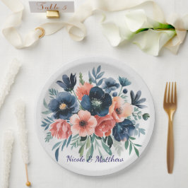 Plato De Papel Boda de color azul y coral