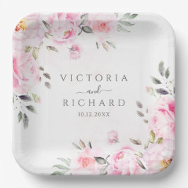 Plato De Papel Boda de color de agua rosada floral de Rubor