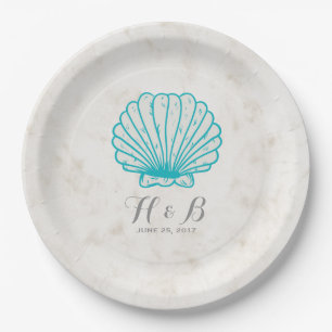 Plato De Papel Boda de conchas marinas rusas turquesa