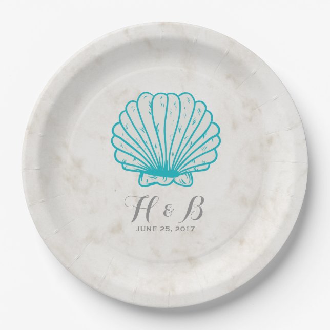 Plato De Papel Boda de conchas marinas rusas turquesa (Anverso)