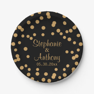 Plato De Papel Boda de Confetti Negro y Oro