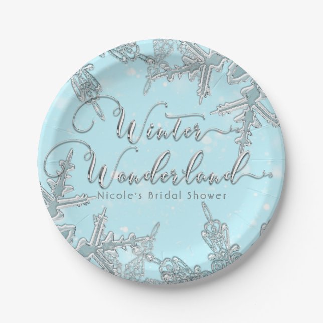 Plato De Papel Boda de copos de nieve Blue Winter Wonderland (Anverso)