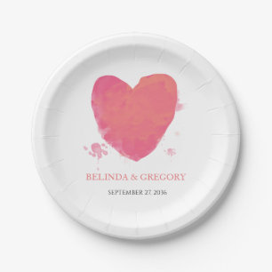 Plato De Papel Boda de Corazón de Acuarela Rústica