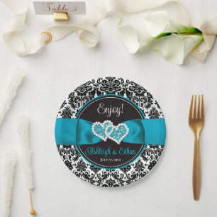Plato De Papel Boda de corazones de amor turquesa, Damask negro