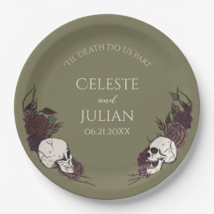 Plato De Papel Boda de cráneo floral verde oliva gótico