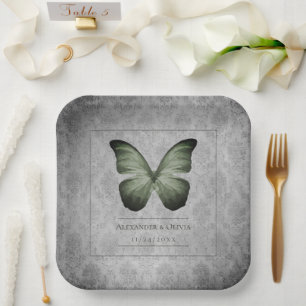 Plato De Papel Boda de Damasco de Mariposa Vintage Verde