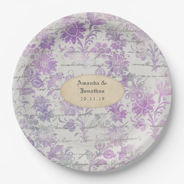Plato De Papel Boda de Damasco Floral Lavanda (Anverso)
