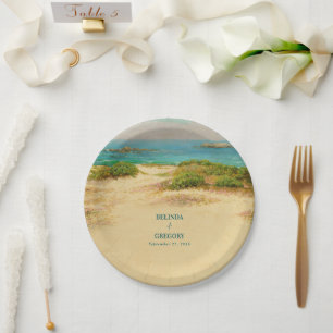 Plato De Papel Boda de Destino Costero en Playa con Acuarela