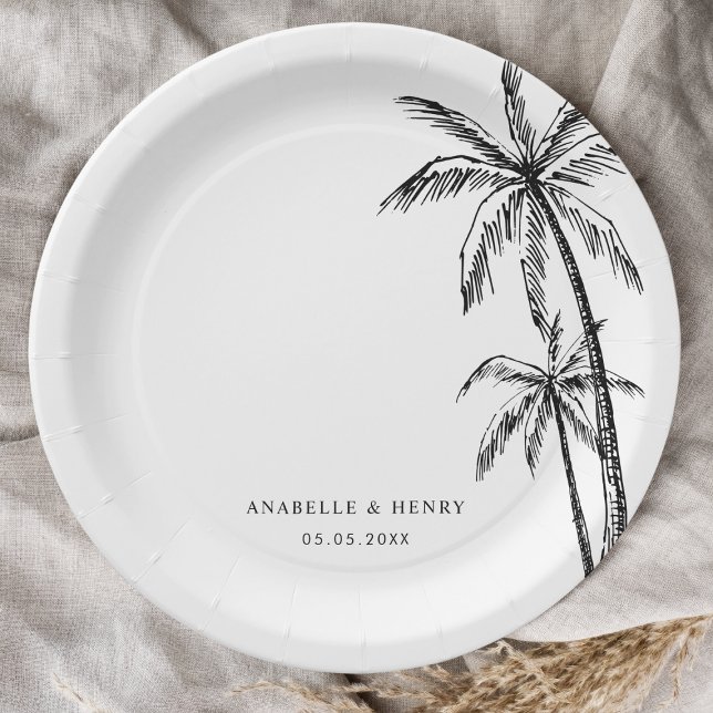 Plato De Papel Boda de destino de la playa de palmeras dibujadas  (Subido por el creador)