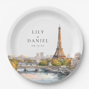 Plato De Papel Boda de destino en París Francia acuarela