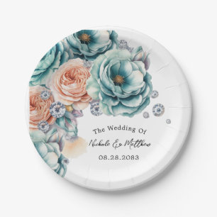 Plato De Papel Boda de Diamantes Turquesa y Peach
