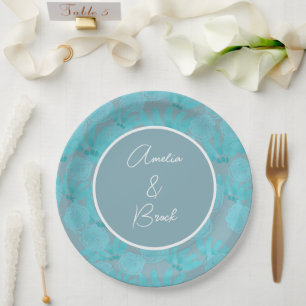 Plato De Papel Boda de diseño floral azul Verde azulado de acuare