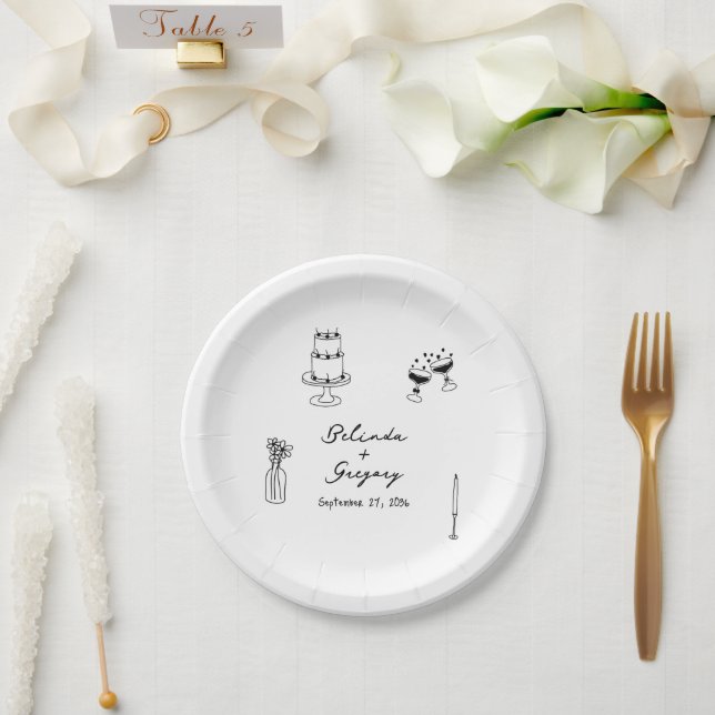 Plato De Papel Boda de Doodles de Ilustraciones negros dibujados  (Boda)