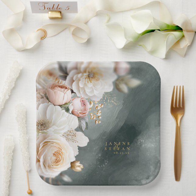 Plato De Papel Boda de drama floral Green ID1022 (Boda)