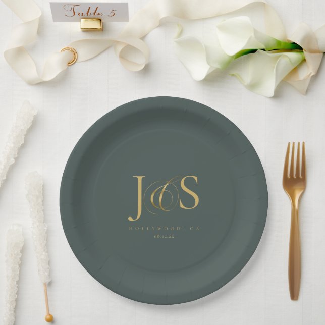 Plato De Papel Boda de elegancia simple Iniciales Green ID1022 (Boda)