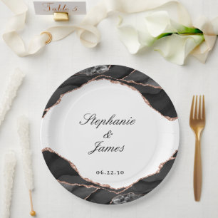 Plato De Papel Boda de Elegante Ágata Negro Blanco con Hojas de O