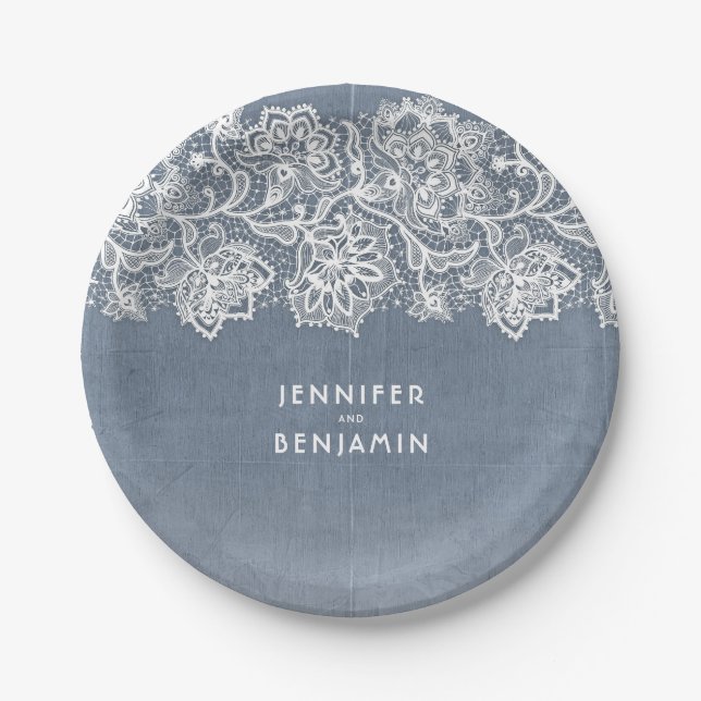 Plato De Papel Boda de encaje azul turbio (Anverso)