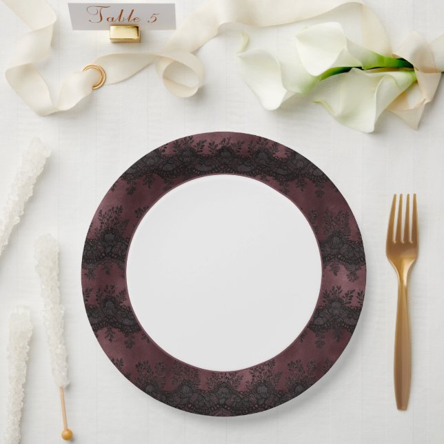 Plato De Papel Boda de encaje falso negro burgundy (Boda)