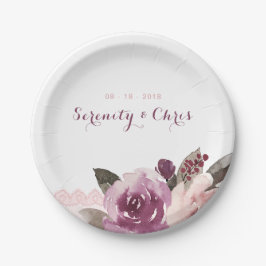 Plato De Papel Boda de encaje vintage floral de acuarela rústica