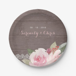 Plato De Papel Boda de encaje vintage floral de acuarela rústica