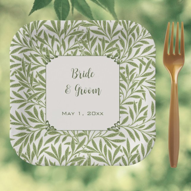 Plato De Papel Boda de época, patrón de hojas salvajes victoriana (Vintage Victorian Willow Leaves Pattern Wedding Paper Plates)