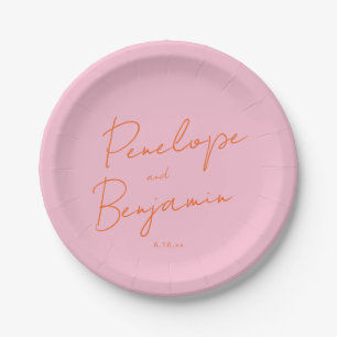 Plato De Papel Boda de escritura a mano de guión moderno rosa y n