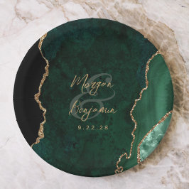 Plato De Papel Boda de escritura dorada y ágata verde esmeralda
