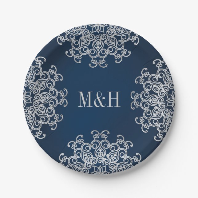 Plato De Papel Boda de estilo hindú de Monogramo y plata (Anverso)