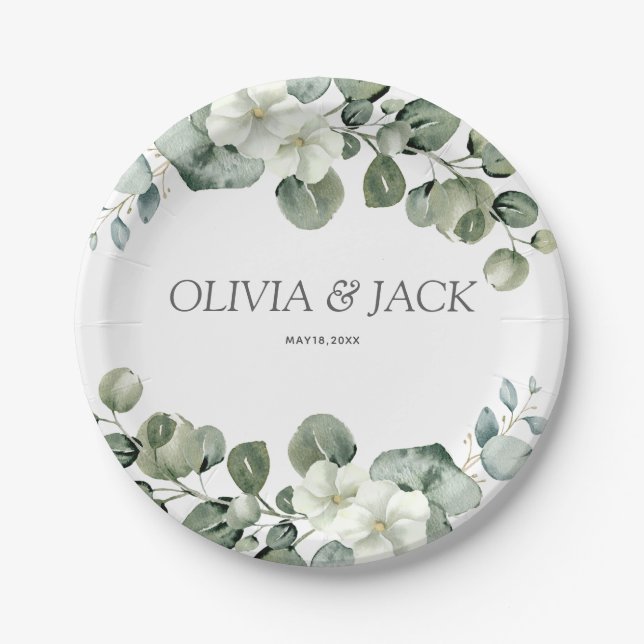 Plato De Papel Boda de eucalipto acuarela Rustica Verde (Anverso)