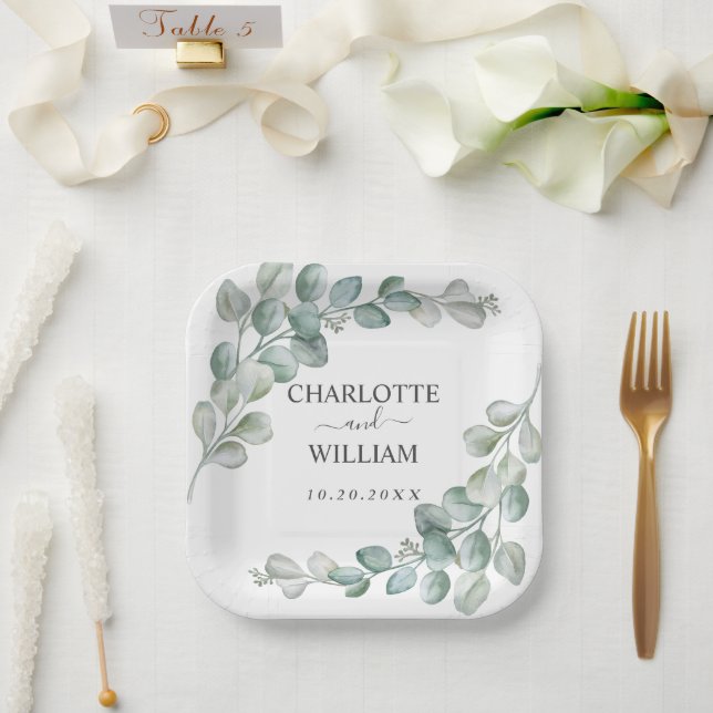 Plato De Papel Boda de eucalipto con acuarela rústica (Boda)