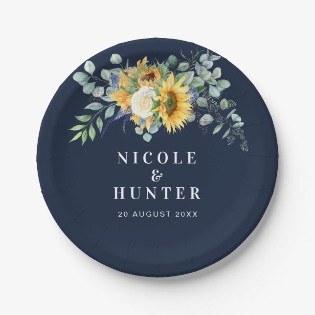 Plato De Papel Boda de eucalipto de girasol acuarela (Anverso)
