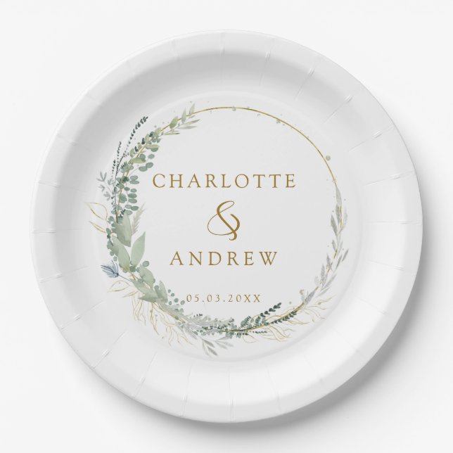 Plato De Papel Boda de eucalipto moderno y elegante (Anverso)