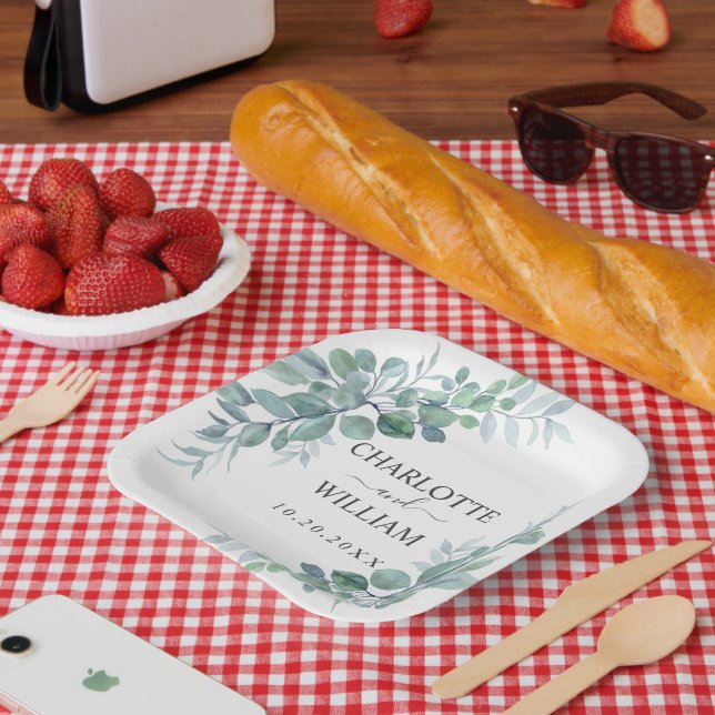 Plato De Papel Boda de eucalipto verde acuarela rústica (Picnic)