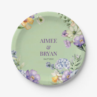 Plato De Papel Boda de flor de color de agua verde