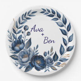 Plato De Papel Boda de Flor de Peonía Azul Marino y Dorado