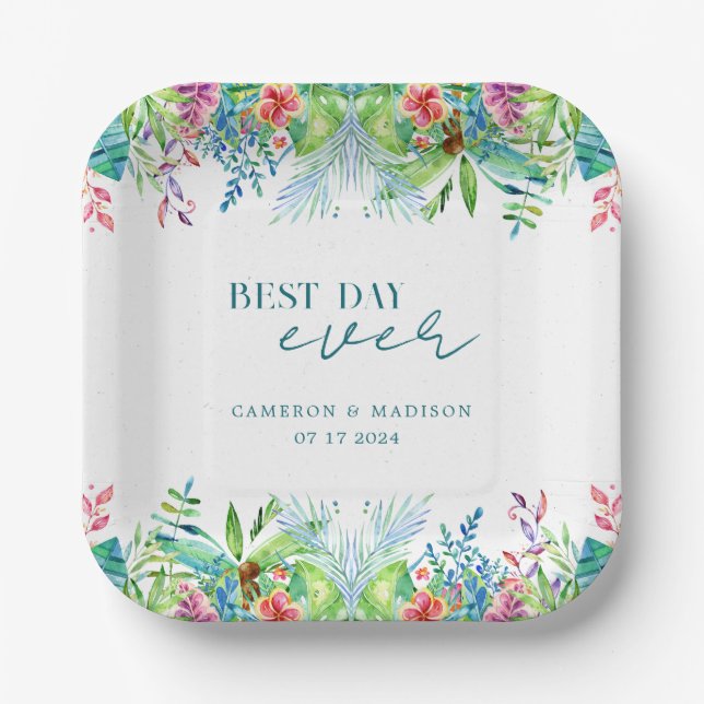 Plato De Papel Boda de Flor Tropical Pintado A Mano (Anverso)
