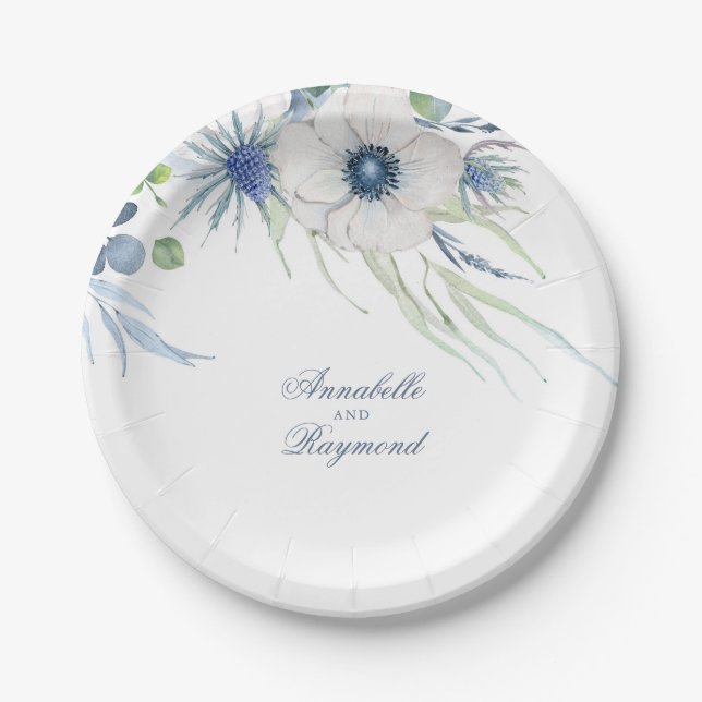 Plato De Papel Boda de Floral Verde Dusty Blue (Anverso)