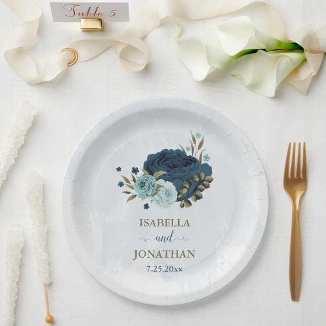 Plato De Papel boda de flores azul marino claro (Boda)