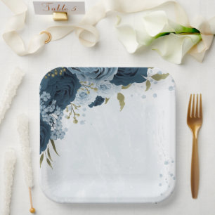Plato De Papel boda de flores azul marino claro
