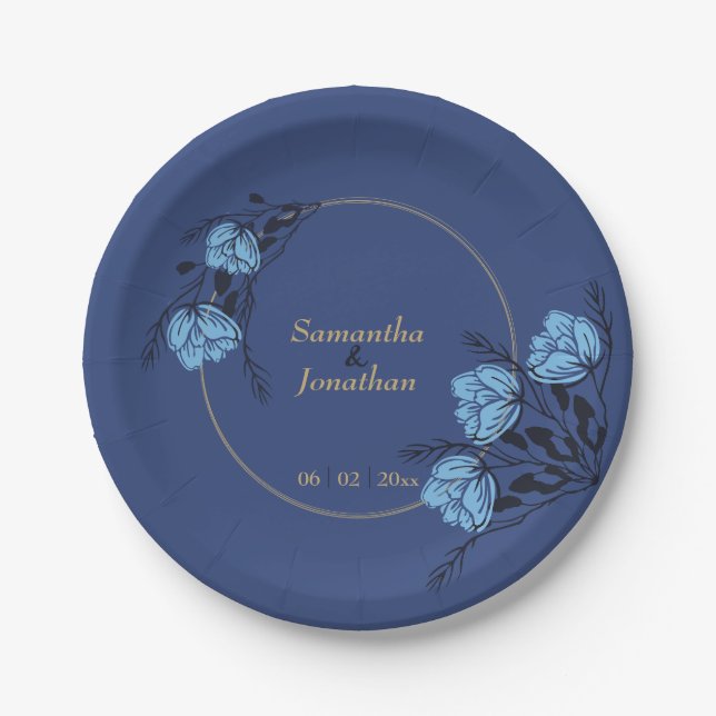 Plato De Papel Boda de flores azules (Anverso)