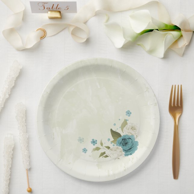 Plato De Papel boda de flores azules blancas (Boda)