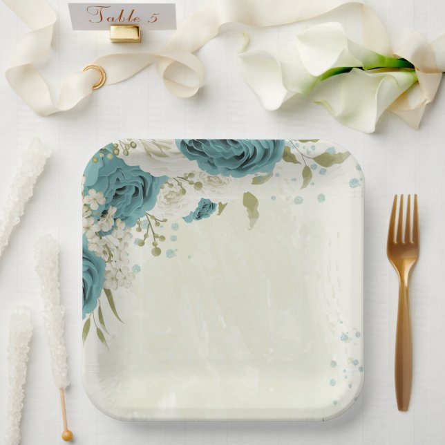 Plato De Papel boda de flores azules blancas (Boda)