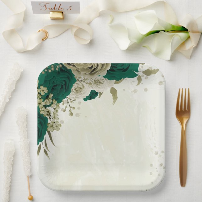 Plato De Papel boda de flores beige verde esmeralda (Boda)