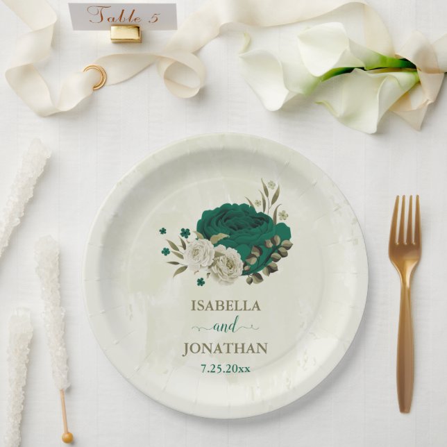 Plato De Papel boda de flores beige verde esmeralda (Boda)