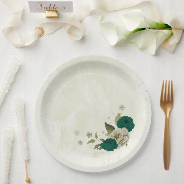 Plato De Papel boda de flores beige verde esmeralda (Boda)