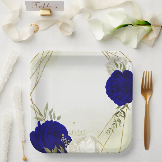 Plato De Papel boda de flores blancas azules reales (Boda)