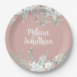 Plato De Papel Boda de flores blancas florales de color acuático 