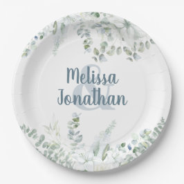 Plato De Papel Boda de flores blancas florales de color acuático 