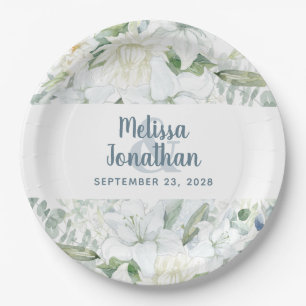 Plato De Papel Boda de flores blancas florales y románticas acuar