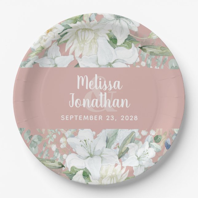 Plato De Papel Boda de flores blancas florales y románticas acuar (Anverso)